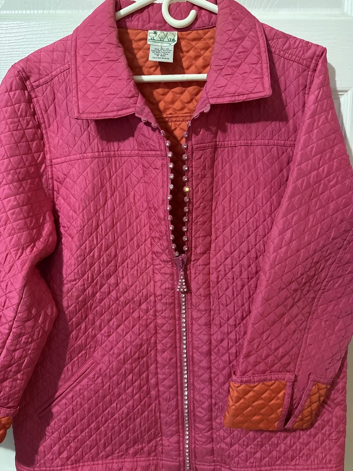 Quacker Factory Jacket Womens Large Quilted Silk Rhinestone Zip Lined Bling - Image 3 of 4