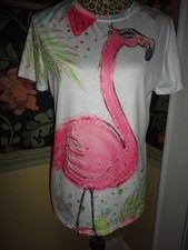 WOMENS M L XL WHIMSICAL FLAMINGO TOP BLOUSE SHIRT SHORT SLEEVED NEW NIP