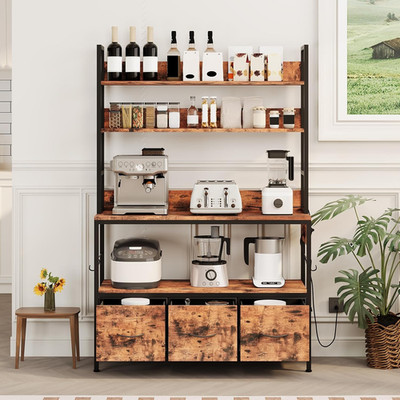 5-Tier Kitchen Bakers Rack with Charging Station & Drawers, Vintage Brown