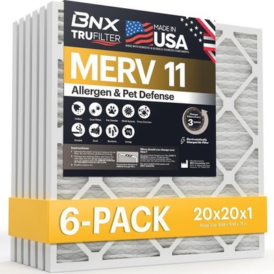 BNX TruFilter 20x20x1 Air Filter MERV 11 (6-Pack) - MADE IN 6-Pack