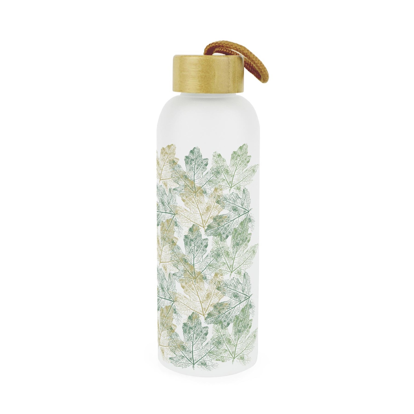 Spring Leaf Imprints Frosted Glass Water Bottle & Wooden Lid, Reusable Gift