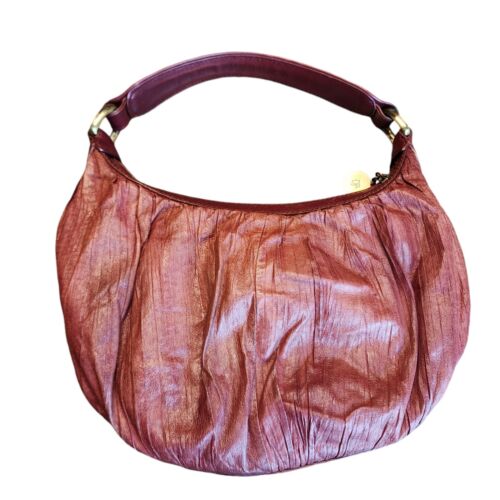 Donald J Pliner Red Rust Leather Crinkled Pleated Hobo Shoulder Bag Purse Y2K - Picture 2 of 22