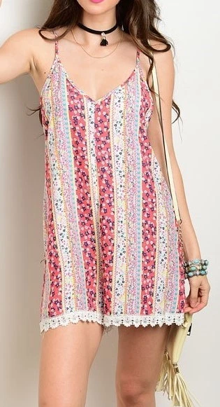 Coral Multi Floral Correa Espalda Cami Pantalones Cortos Babydoll Mameluco/Jumper 1 Pieza S M L Foto 2 de 3