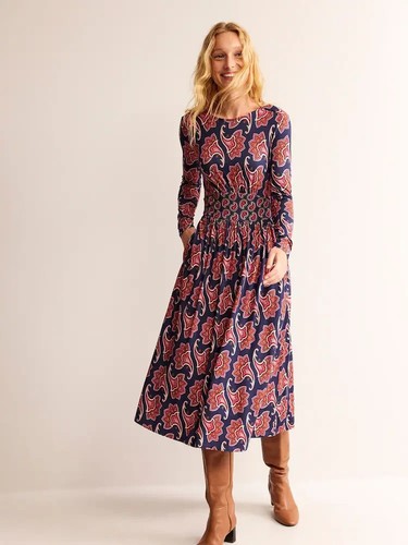 Boden Midi Dress UK18 Blue Thea Jersey Long Sleeve Pockets