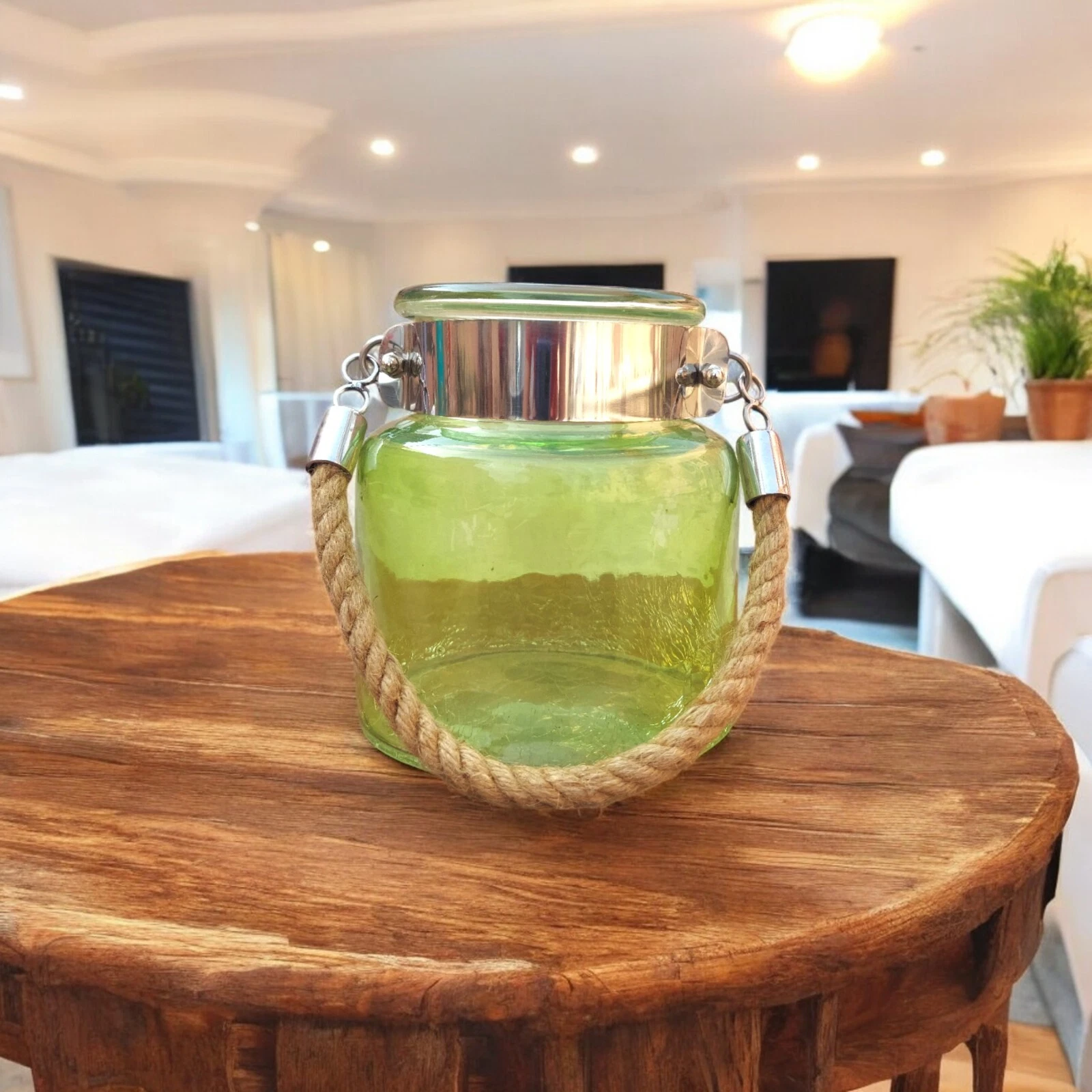 5.50" H Green Glass Jar Half Crackled With Hanging Jute Rope