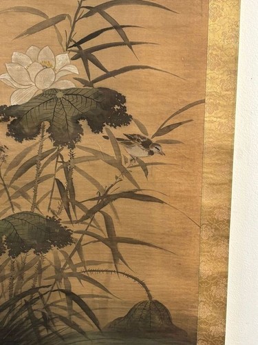 Japanese Scroll Painting of Birds and Lotus Flower - Picture 6 of 7