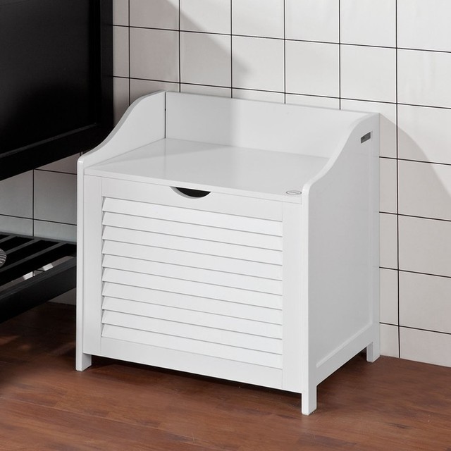 SoBuy White Bathroom Storage Chest Seat Laundry Bin Basket