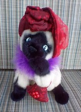 VINTAGE AURORA PLUSH SIAMESE CAT MS. HIGH SOCIETY RED HAT LADY PURPLE BOA 9.5" 