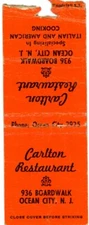 Carlton Restaurant, Italian And American Cooking, NJ Vintage Matchbook Cover