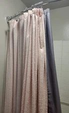 Pink shower curtain, gray mold resistant liner and rings