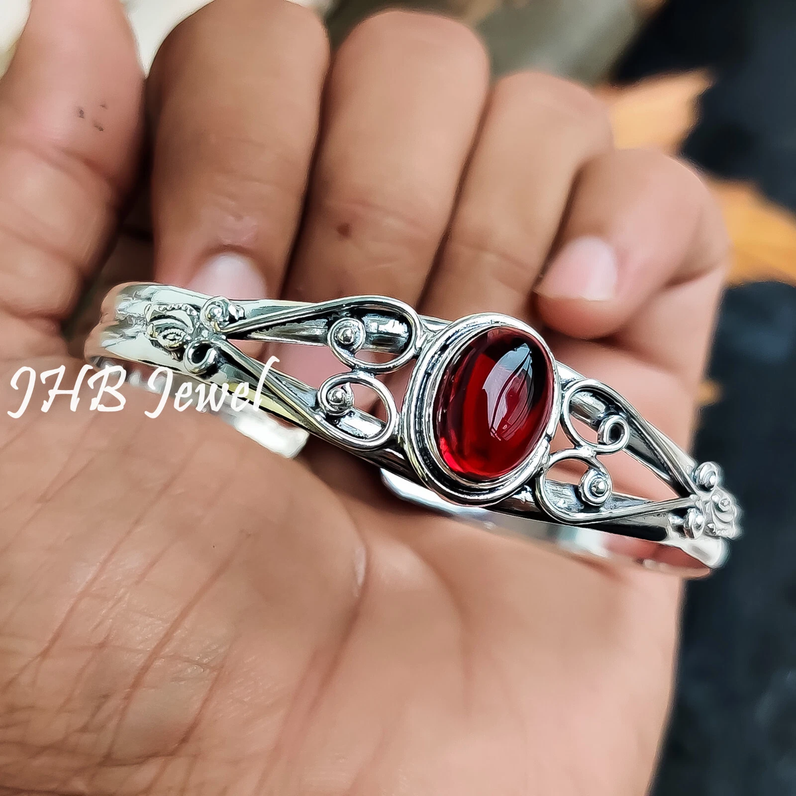 VALENTINO Bracciale Bracciale Argento Sterling 925 Granato Mozambico Pietra Preziosa Ovale Regalo per Padre