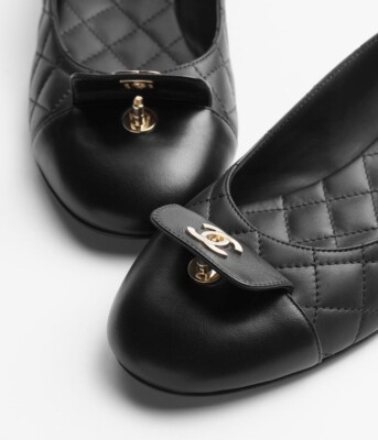 Chanel 24B Black Leather Turnlock Gold CC Logo Quilted Ballet