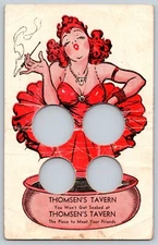 Postcard Thomsen's Tavern You Won't Get Soaked Novelty Finger Holes Lady Smoking