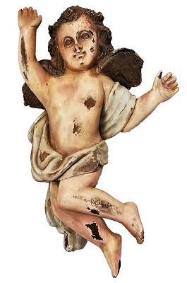 Antique Carved Wood French / Italian Church Altar Painted Jesus Angel Cherub 15''