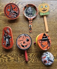 Vintage 7 Tin Litho Halloween Noise Makers Metal Witch Devil