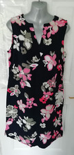 M&S Collection 12 Reg Navy Blue Pink Grey Floral Shift Dress Flax Linen Viscose