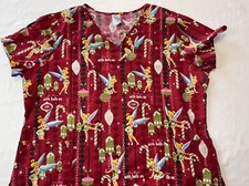 Disney Tinkerbell Christmas Scrub Top I  m There With Bells On Womens Red 2X