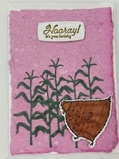 Handmade Birthday Greeting Card Pink Paper Chicken Cornfield Design