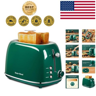 Green Retro 2 Slice Toaster - Quick Bagel & Defrost Modes for Breakfast Ease
