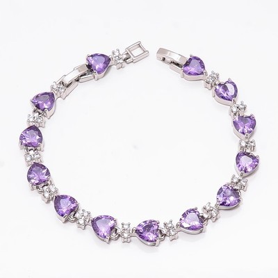 Purple Amethyst, CZ 925 Sterling Silver Adjustable Bracelet 7-8'' B127541