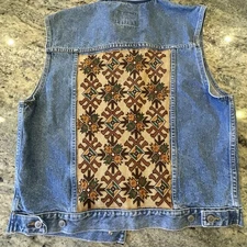 Vtg Upcycled Gitano Boho Denim Vest W/ Southwest Aztec Cross Stitch Added  Sz L