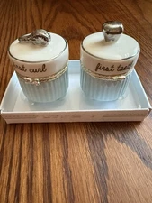 Adorable first curl, first tooth ceramic containers. Blue and platinum NEW
