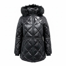 Chaqueta acolchada acolchada Michael Kors negra imitación piel capucha logotipo ribete para mujer L nueva con etiquetas