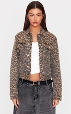 PrettyLittleThing Brown Leopard Print Denim Jacket S