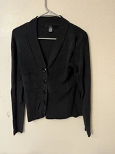 Folio New York Women Black Silk Blend Cardigan Medium Button