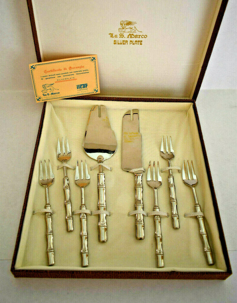 Vintage La S Marco Italy Silver Plate Dessert Serving Set Bamboo Pattern  Piece