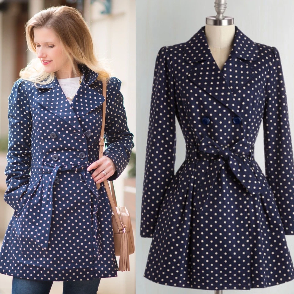 ModCloth Polka Dot Trench Coat Womens Medium Belted Retro Pockets Double Breast - Image 2 of 4