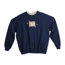 Vintage Morning Sun Top Stitch Sweatshirt Women's Petite L Embroidered Kitten