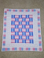 Vintage Quilted Baby Throw Blanket Pink, White Blue w/Hearts