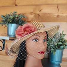Miss Armine Vintage Retro 40s 50s Wide Brim Church Hat Flowers Bird Cage Netting