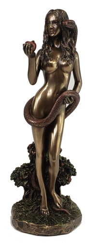 Serpiente de Eva de 8,5" sosteniendo manzana de pie jardín del Edén estatua desnuda acabado bronce - Imagen 2 de 5