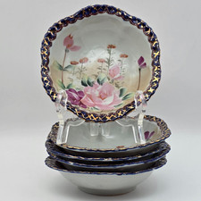 5 Vintage Hand Painted Nippon Style Bowl Pink Roses Cobalt Gold Trim China E-OH