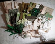 Green Slow Stitch Bundle Vintage Linen Kit  Embroidery Lace Floss Scrap Craft