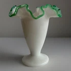 Vintage Discontinued White Fenton With Emerald Crest Crimped Vase 6”