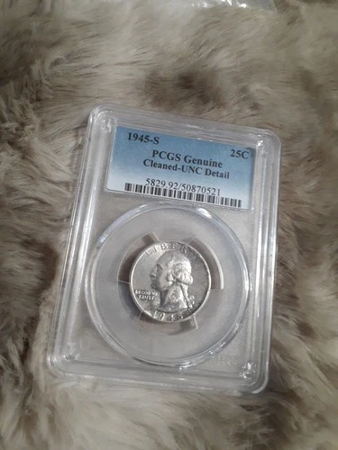 1945-S Washington Silver Quarter PCGS Certified Uncirculated Details cleaned