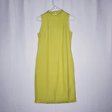 Harolds Linen Blend Sheath Dress 4 Green Sleeveless High Neck Pleated Ruffle Hem