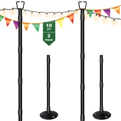 Tigerden 10Ft String Light Poles for Outside - 2 Pack Adjustable Metal Black 