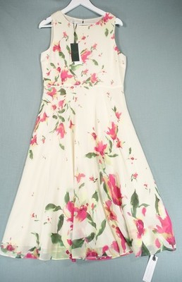 Hobbs London Kleid Damen 14 beige grün rot gelb Blumen Petite Carly mit Etikett