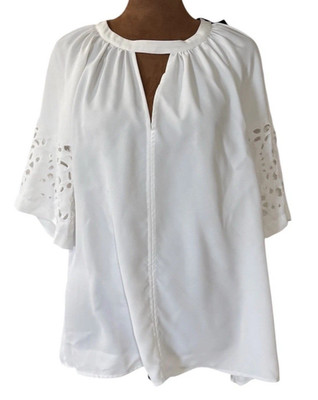 Halogen Blouse Womens L White Eyelet Short Sleeve Keyhole Classic Top