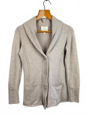 Cynthia Rowley 100% Kaschmir beige Schalkragen Knopfleiste Strickjacke weich Luxus M