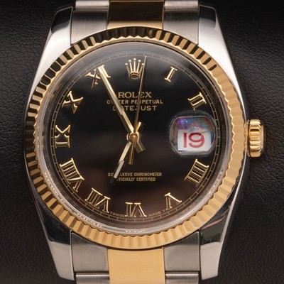 Rolex Datejust Armbanduhr 116233 Geriffelte Lünette 36mm Schwarz Römisch Ziffern