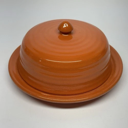 Vintage Bauer Ring Ware Orange Pottery Covered Butter Dish