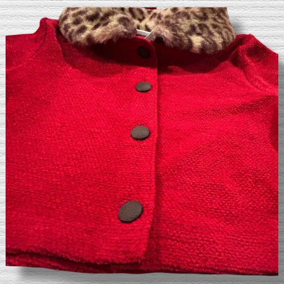 Abrigo y sombrero de vacaciones American Girl Bitty Baby rojo 1999 piel sintética ribete de leopardo S/M Foto 4 de 4