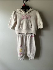 GAP Girls Cream Hoodie with Ears Joggers Sweat Set Pink Logo Size 3-6 M Lounge