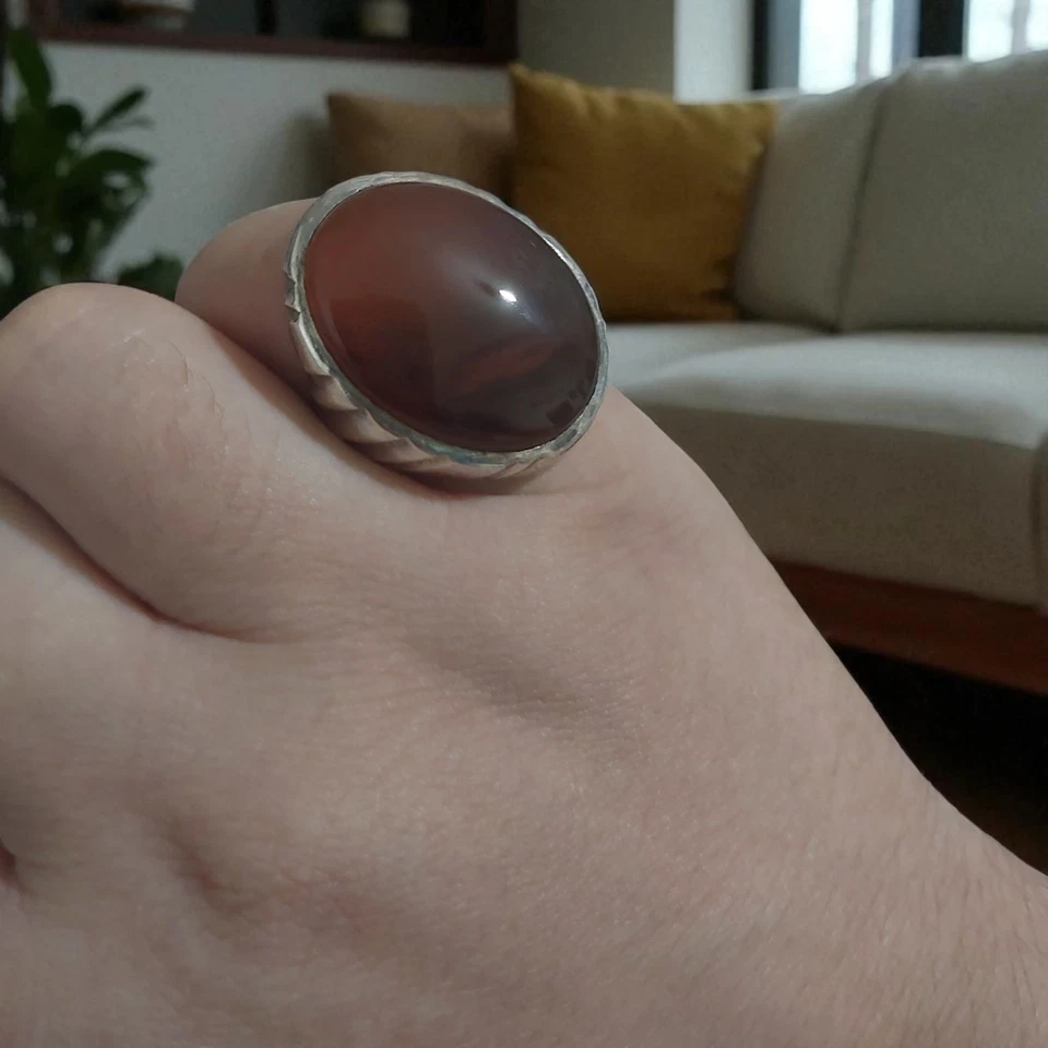 Anello vintage da uomo in argento 925 con agata di fegato yemenita naturale f... - Immagine 4 di 4