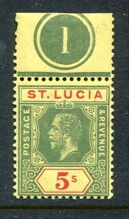 St. Lucia 1912 5/ red & green/yellow SG88 fine mint single plate number “1”